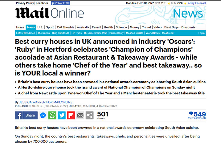 Best curry houses in UK announced in industry 'Oscars': 'Ruby' in Hertford celebrates 'Champion of Champions' accolade at Asian Restaurant & Takeaway Awards - while others take home 'Chef of the Year' and best takeaway.. so is YOUR local a winner?